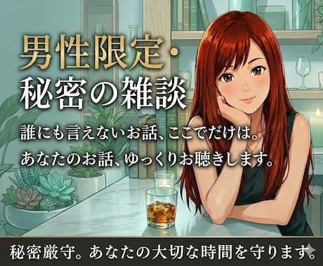 男性限定✨️性の話や秘密の話雑談形式でお受けします 男性限定！性の事や人には話しにくい事雑談メインで話しましょ！ イメージ1