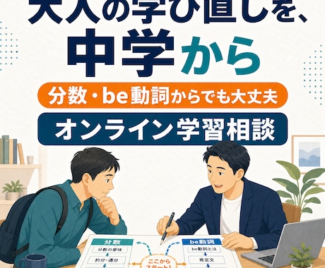 大人の学び直しを中学の内容から支えます 分数やbe動詞からでも、恥ずかしくない場所で始められます イメージ1