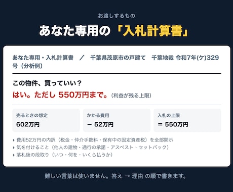 競売物件いくらまで入札していいか計算します 事件番号を送るだけ。隠れ費用と段取りまで整理します イメージ2