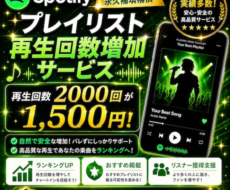 Spotify音楽再生回数2000回増やします 1500回＝2000円！おすすめ楽曲への掲載支援！ イメージ1