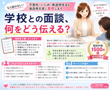 公認心理師が学校との面談内容を一緒に考えます 不登校・いじめ・発達特性等について整理し、面談用文書にします イメージ1