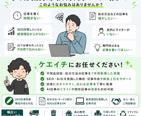 SEO記事 | 不用品回収・処分方法記事作成します 不用品回収業界者様向けのSEO・AIO記事制作を承ります。 イメージ2