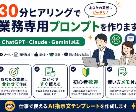 30分ヒアリングで業務専用プロンプトを作ります 仕事で使いやすくするための業務専用プロンプトを作成します。 イメージ1