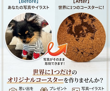 写真から作るペット刻印コースターつくります 犬・猫OK|写真からリアル彫刻|プレゼントにも◎」 イメージ1