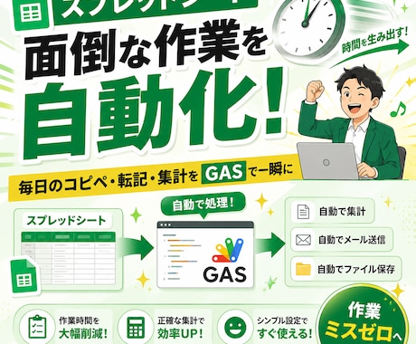 スプレッドシートの面倒な作業を自動化できます 毎日のコピペ・転記・集計を自動化！GASで作業ミスをゼロに イメージ1