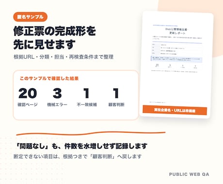Webサイト診断｜更新漏れ・不一致を点検します 公開5ページ診断｜根拠URL・担当別修正票付き イメージ2