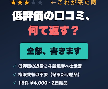 Google口コミ返信 低評価も全部書きます 怖い低評価も安心対応｜権限共有は不要・貼るだけ納品 イメージ1
