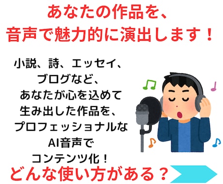 あなたの小説などの創作をAIで音声作品化します 小説・詩・エッセイ・ブログも、クリアな声で新しい感動を。 イメージ2