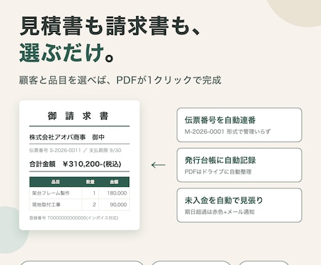 見積書と請求書の作成を自動化するツールを作ります 顧客と品目を選ぶだけでPDF完成。インボイス対応・連番管理 イメージ1