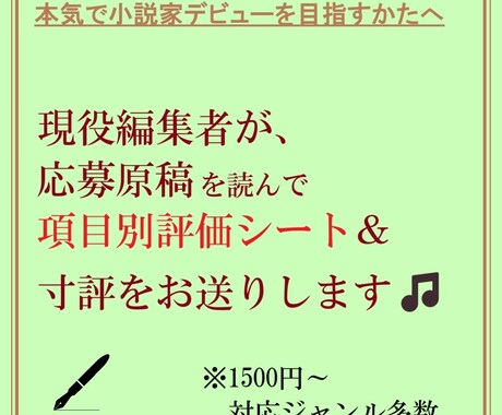 選考員経験者が【新人賞応募作品】アドバイスします 現役編集者が、応募原稿の項目別評価シート＆寸評をお送りします イメージ1