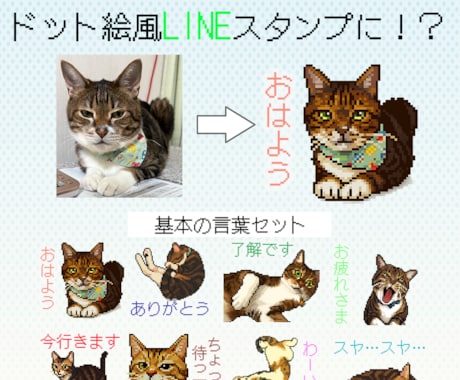 ペットの写真からドット絵風LINEスタンプ作ります セリフ固定・写真を送るだけでOK！犬・猫のペット限定 イメージ1