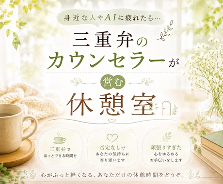 三重弁の話し相手◆弱音・愚痴・雑談をお聴きします 身近な人やAIに疲れたら…三重弁のカウンセラーが営む休憩室 イメージ1