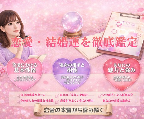 どんな人と合う？いつ結婚？を徹底鑑定します あなたの恋愛パターンと運命の出会いの時期、お伝えします イメージ1