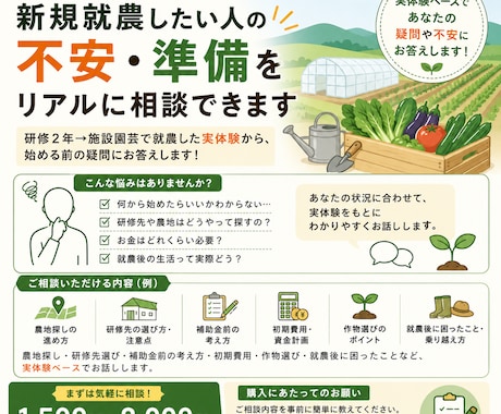 農家を始めたい人の相談に乗ります 経験したての新規就農での課題を基に相談に乗ります イメージ1