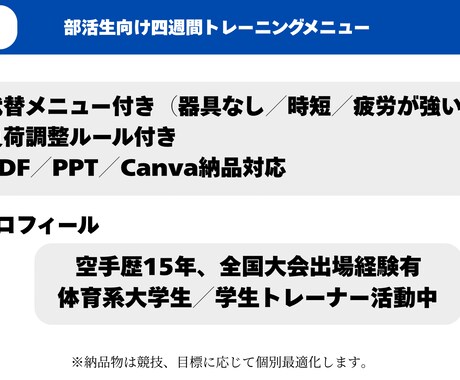 部活生向け｜4週間トレーニングメニューを作成します 全国大会出場経験者がトレーニングメニューを作成します イメージ1