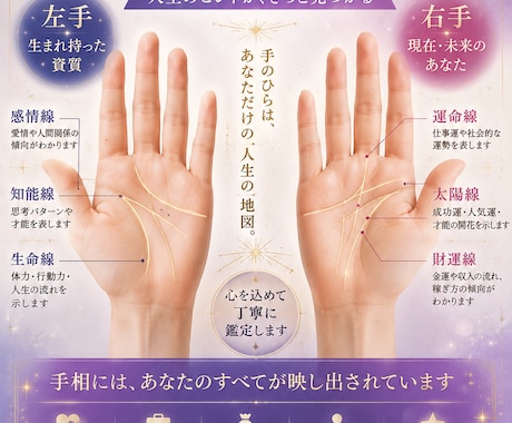 手相占い致します 左手 → 生まれ持った資質　右手 → 現在・未来 イメージ1