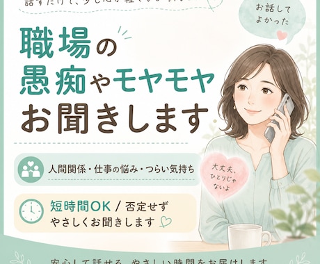 職場の愚痴や恋愛、人間関係のお悩みをお聞きします 誰にも言えない仕事の事や恋愛の悩みなど気軽に話してください。 イメージ1