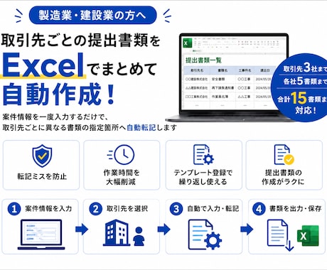 製造・建設業のExcel書類作成を自動化します 取引先別の指定書式への転記作業を効率化 イメージ1