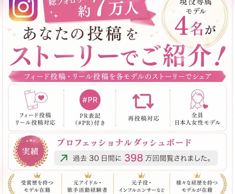 専属モデル4名があなたの商品サービスを拡散します 7万人にInstagramで再投稿&ストーリーシェアします イメージ1