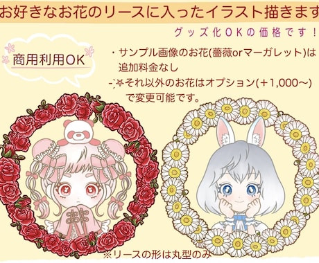 お花のリースに入ったイラスト描きます 【8/31までの受付限定価格】(商用利用,グッズ化OK！) イメージ1