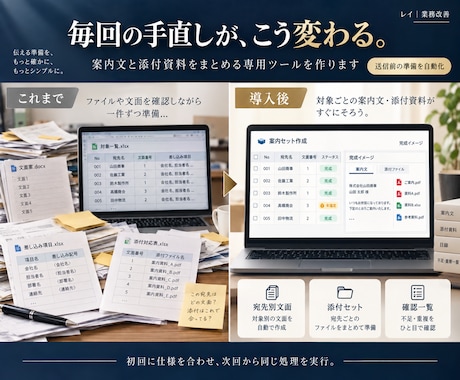 名簿から宛先別の案内文と資料を整えます 送付前に宛名・添付・不足を確認できる形へ イメージ2