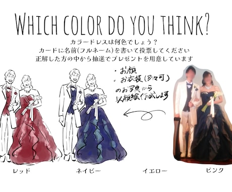 あなたの似顔絵でドレス色当てクイズキット作成します データ納品or物品配送(額縁/投票箱/投票用紙/クイズ用紙) イメージ2