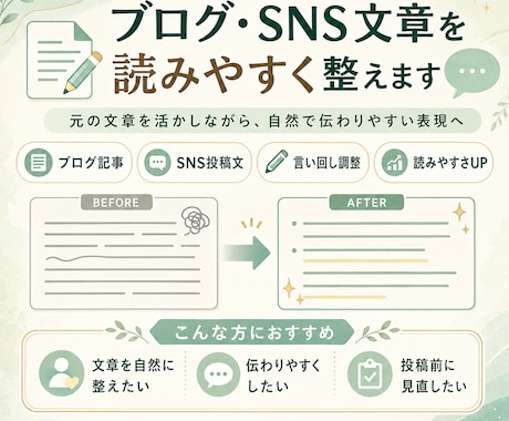 ブログやSNS文章を読みやすく自然に整えます 不自然な表現や重複を整理し伝わる文章に仕上げます イメージ1