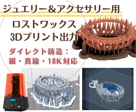 ジュエリー等のロストワックス3Dプリント出力します ジュエリー制作の全工程を熟知した作家が丁寧に出力します イメージ1