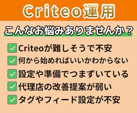 代理店の方もOK！CRITEO運用、全て担当します CRITEO運用14年のプロが設定から運用までサポートします イメージ2