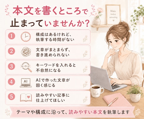 文字1.5円★テーマに沿った記事を執筆します 指定KWを自然に入れ、読みやすい本文に仕上げます イメージ2