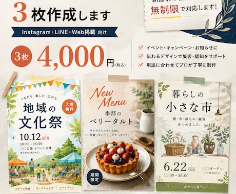 原稿を送るだけ｜告知画像を3枚整えます 原稿をもとに、伝わる告知画像を3枚整えます イメージ1