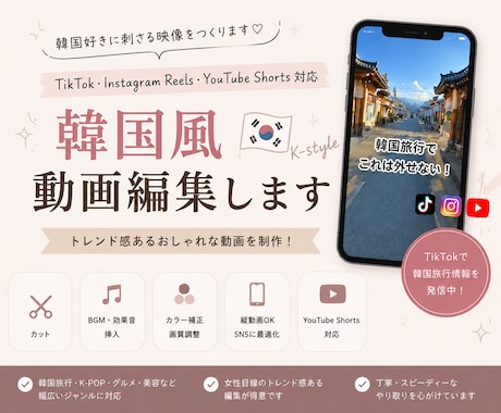 韓国系VlogやSNSの動画編集承ります TikTok58万再生の実績！トレンドを押さえた動画を作成 イメージ1