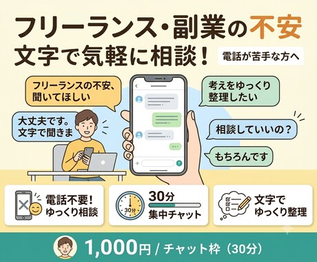フリーランス・副業の不安、文字で気軽に相談できます 残り1枠 モニター価格1,000円→終了後2,500円 イメージ1