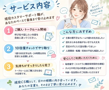 誰にも言えない愚痴、現役CS職が聞きます 仕事の愚痴・人間関係のモヤモヤを否定せずお聞きします イメージ2
