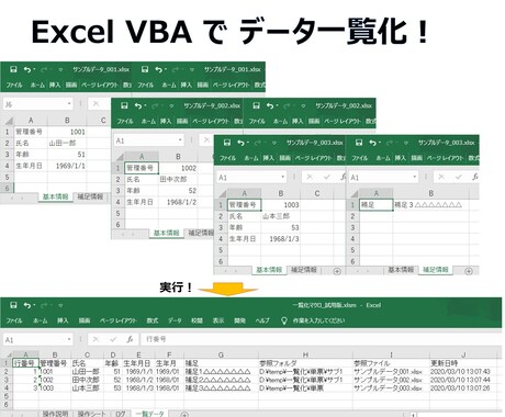 Excel VBA【一覧化マクロ】ご提供します 複数のExcelファイルをひとつのシートに一覧化します！ イメージ1