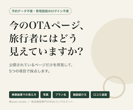 OTA掲載ページを旅行者目線で5項目診断しますます 予約データ不要。URLだけで今の見え方を採点します イメージ1