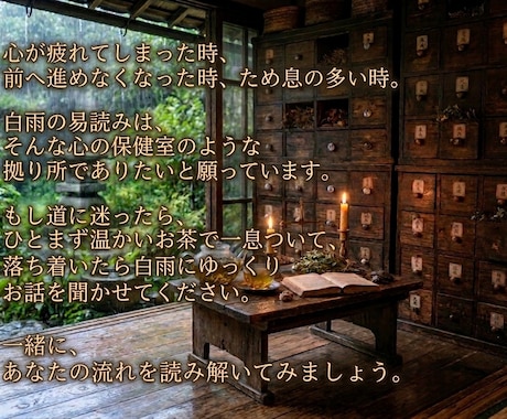 易を通して今の流れを静かに読み解きます 未来を断定するのではなく、“今”を整えるための易読みです。 イメージ2