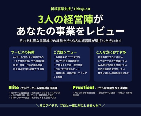 大手IT・通信・ゲーム出身役員が事業レビューします 3名の実務経験者が多角的に壁打ちします イメージ1
