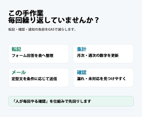 スプレッドシートの手作業をGASで自動化します 転記・集計・メール・フォーム連携を、運用しやすい形で整えます イメージ2