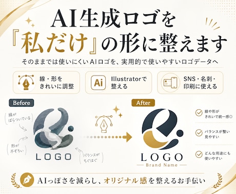 AI生成ロゴを「私だけ」の形に整えます AIで作ったロゴを、実用的で使いやすいデータへ修正します イメージ1