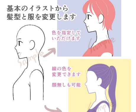 表情と色を選択、横顔のテンプレでアイコン作成します 仕上がり安心！髪型と服装と色をご自由に指定いただけます イメージ2