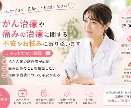 がん治療に関する不安、チャットで相談受けます 不安や困りごとについての相談受け付けます。 イメージ1