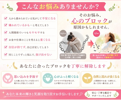 不安・人間関係・お金の悩みのブロック2個解除します 仕事人間関係恋愛結婚お金全てのお悩み解消！ イメージ2