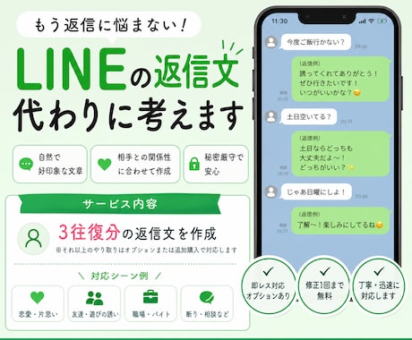 返信に困るLINE、代わりに文章考えます 相手に好印象なLINE返信文を考えます イメージ1