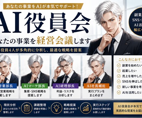AI役員4人があなたの事業・副業を経営会議します AI営業・AIマーケ・AI経理・AI社長補佐が戦略を提案 イメージ1