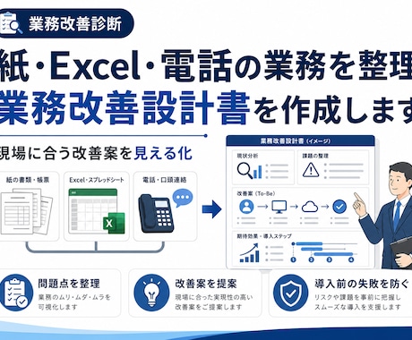 紙・Excel業務の問題を整理し改善設計書作ります 現場と管理側の認識をそろえ、システム導入前の失敗を防ぎます イメージ1