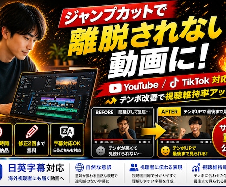 ジャンプカットでテンポの良い動画に編集します 離脱されない動画に改善します。英日テロップ対応 イメージ1