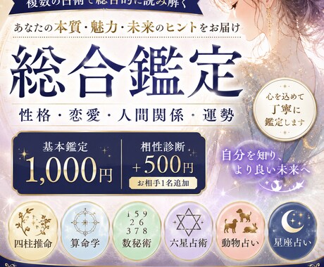 複数占術であなたの性格・相性を総合鑑定します 四柱推命・算命学・数秘術などを組み合わせて丁寧に読み解きます イメージ1