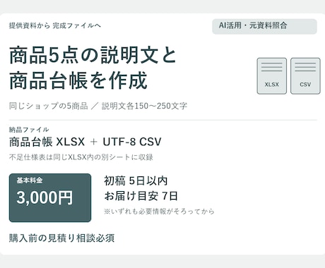 商品5点の説明文と商品台帳を作成します イメージ1