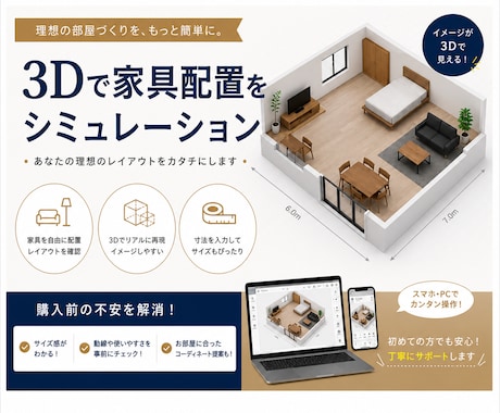引越し前の家具配置をスマホ3Dで再現します 写真と寸法を送るだけ。スマホで動く3D空間で家族と配置を検討 イメージ1
